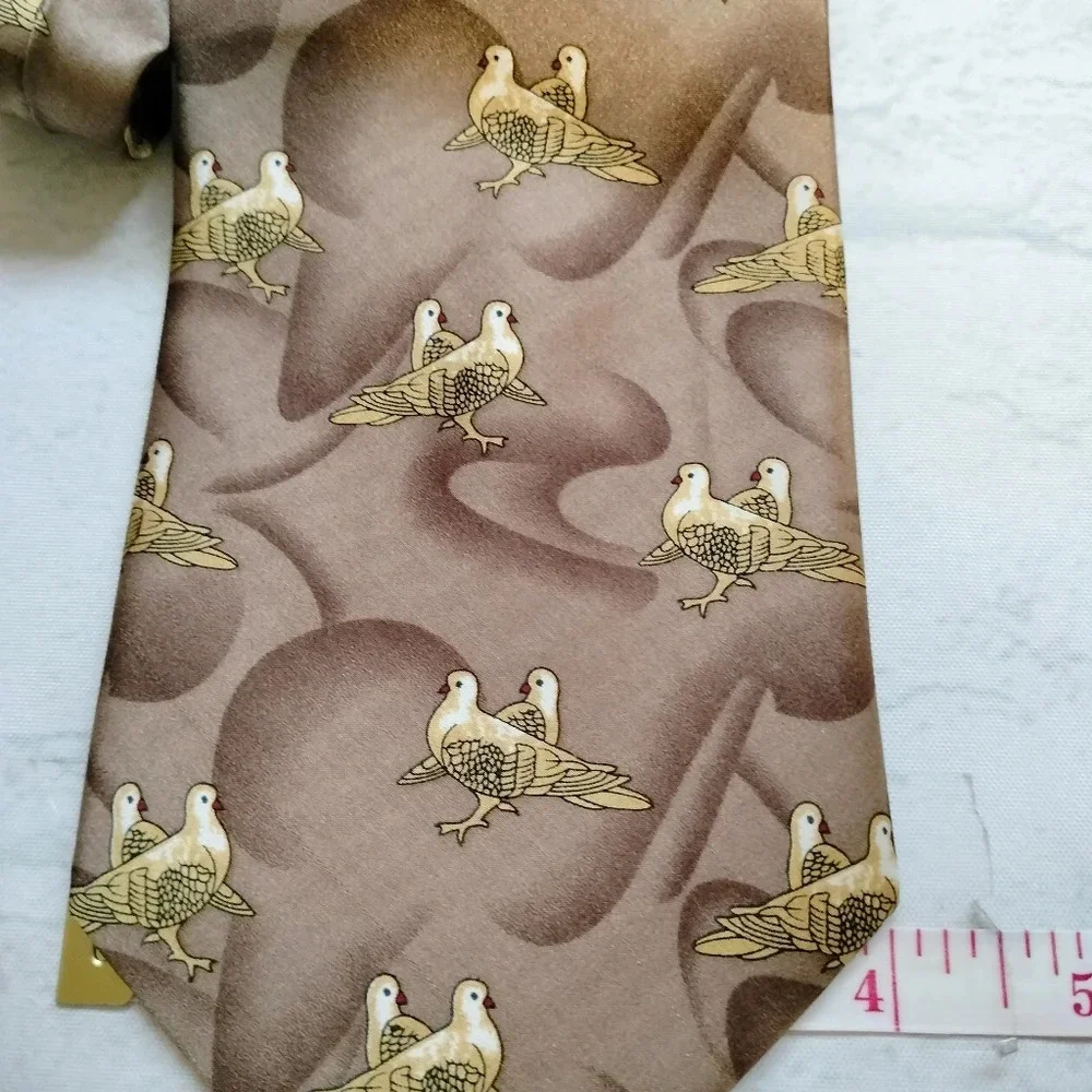 Kai Long Silk Tie Necktie Tan Brown Abstract Birds Handmade 56x4. B